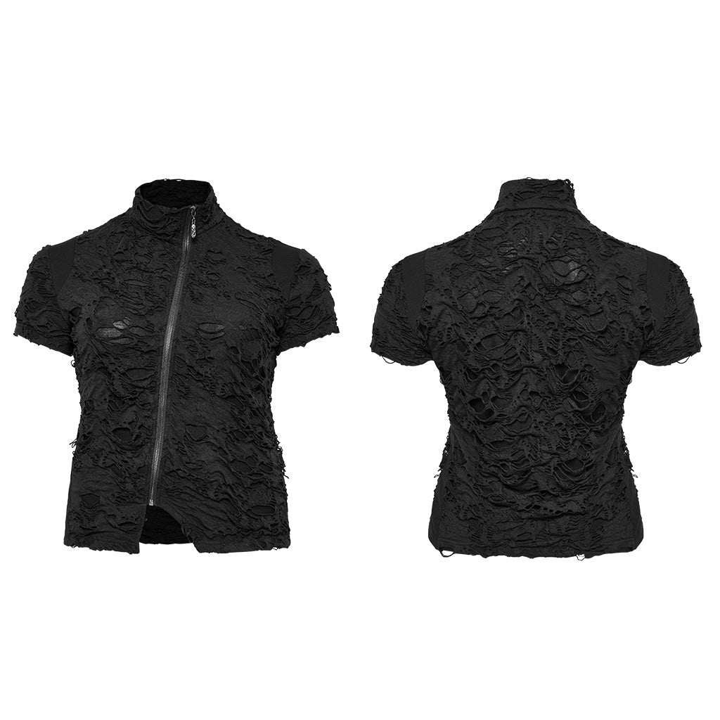 DT-878TDF Edgy Black Textured Zip-Up Punk T-Shirt?-??Punk Rave Clothing