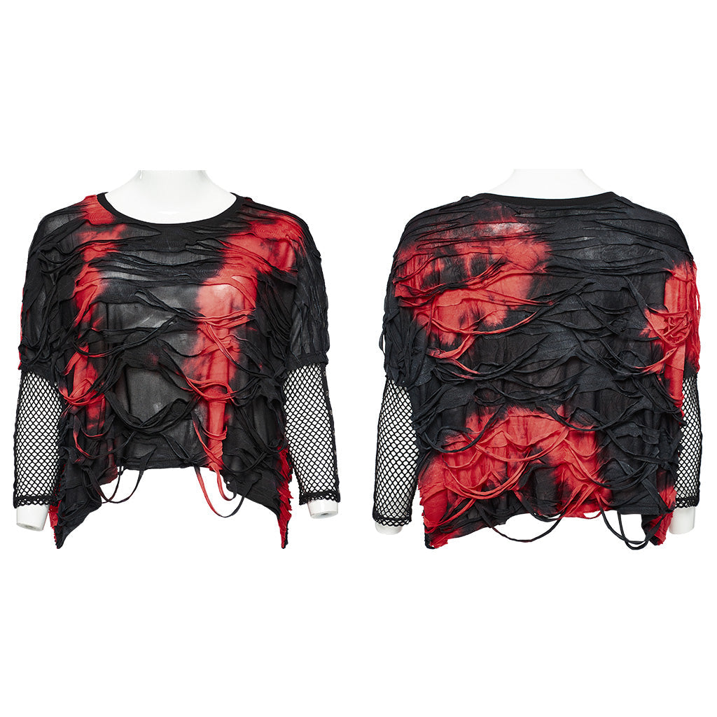 DT-905TCF Edgy Tie-Dye Mesh Sleeve Punk T-Shirts?-??Punk Rave Clothing