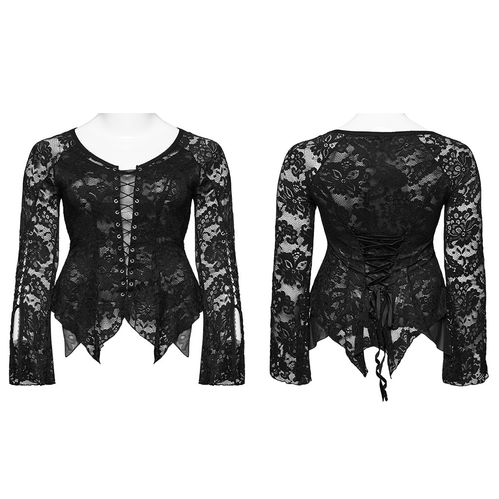 DT-925TCF Gothic Lace Top V-Neck Irregular Hem Design Shirt?-??Punk Rave Clothing