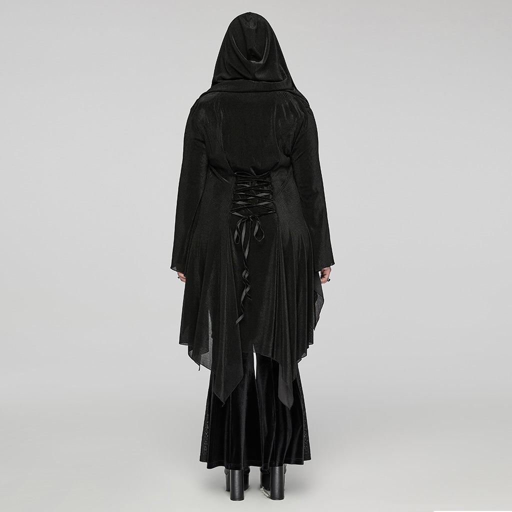 DY-1627XCF Gothic Hooded Cardigan Black Asymmetrical Lace-Up Design?-??Punk Rave Clothing