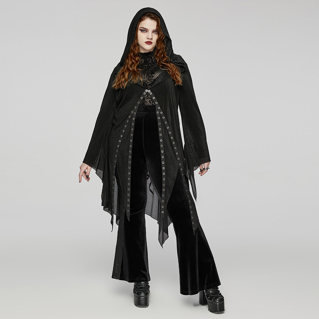 DY-1627XCF Gothic Hooded Cardigan Black Asymmetrical Lace-Up Design?-??Punk Rave Clothing