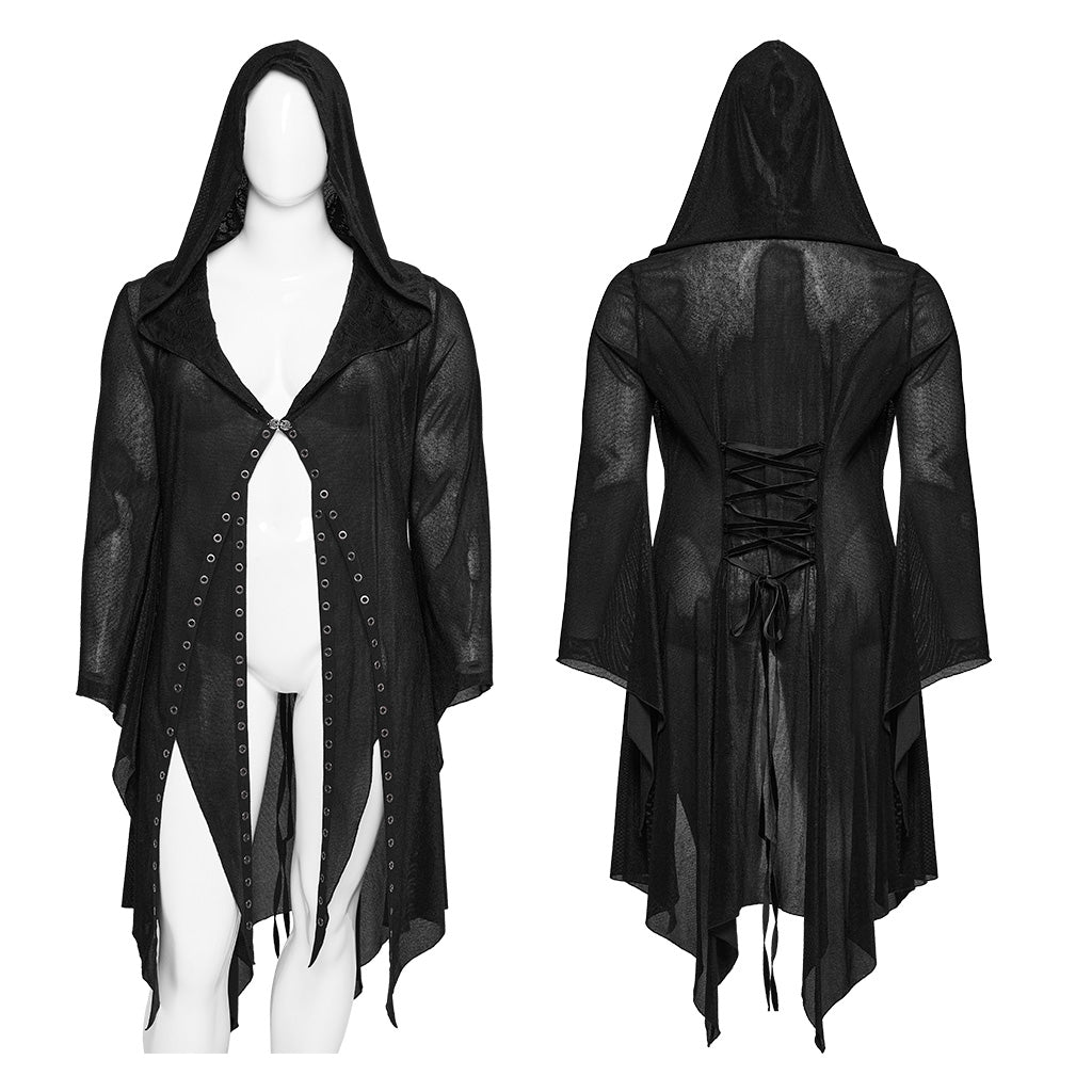 DY-1627XCF Gothic Hooded Cardigan Black Asymmetrical Lace-Up Design?-??Punk Rave Clothing