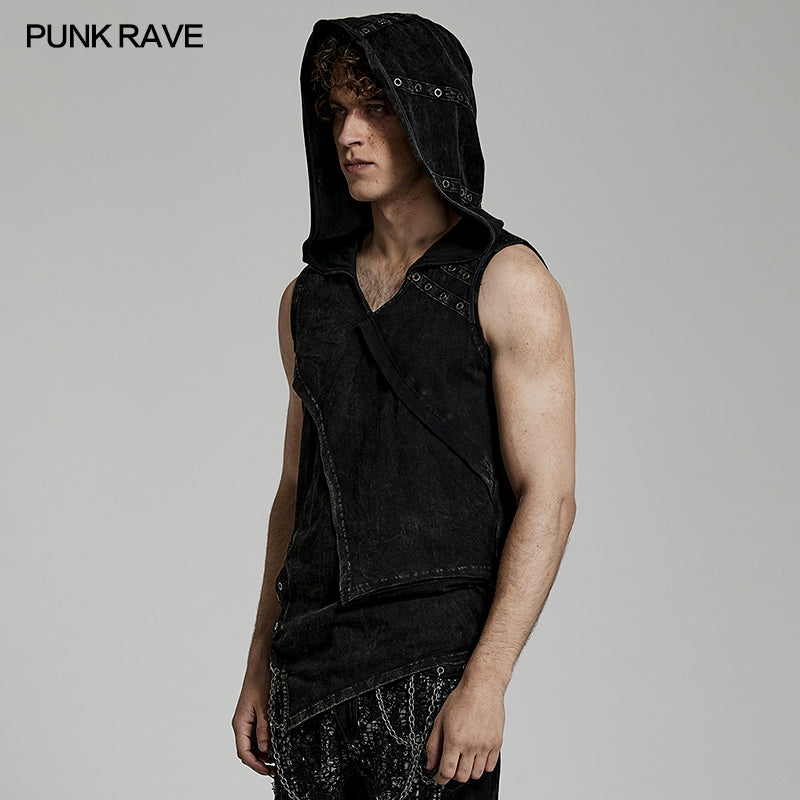 Double-Layer Design WT-770BXM Punk Washed Out Denim Hooded Vest?-??Punk Rave Clothing