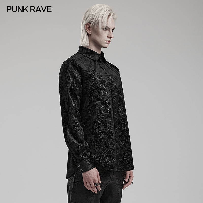 Exquisite Hand-Sewn Buckle WY-1571CCM Pleats Shoulders Embossed Pattern Goth Shirt