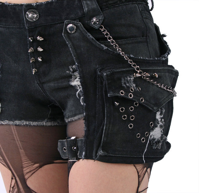 K-127 Edgy Distressed black Denim Shorts with Chains and Studs FALSE?-??Punk Rave Clothing
