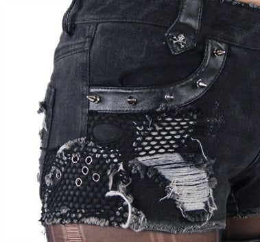 K-127 Edgy Distressed black Denim Shorts with Chains and Studs FALSE?-??Punk Rave Clothing