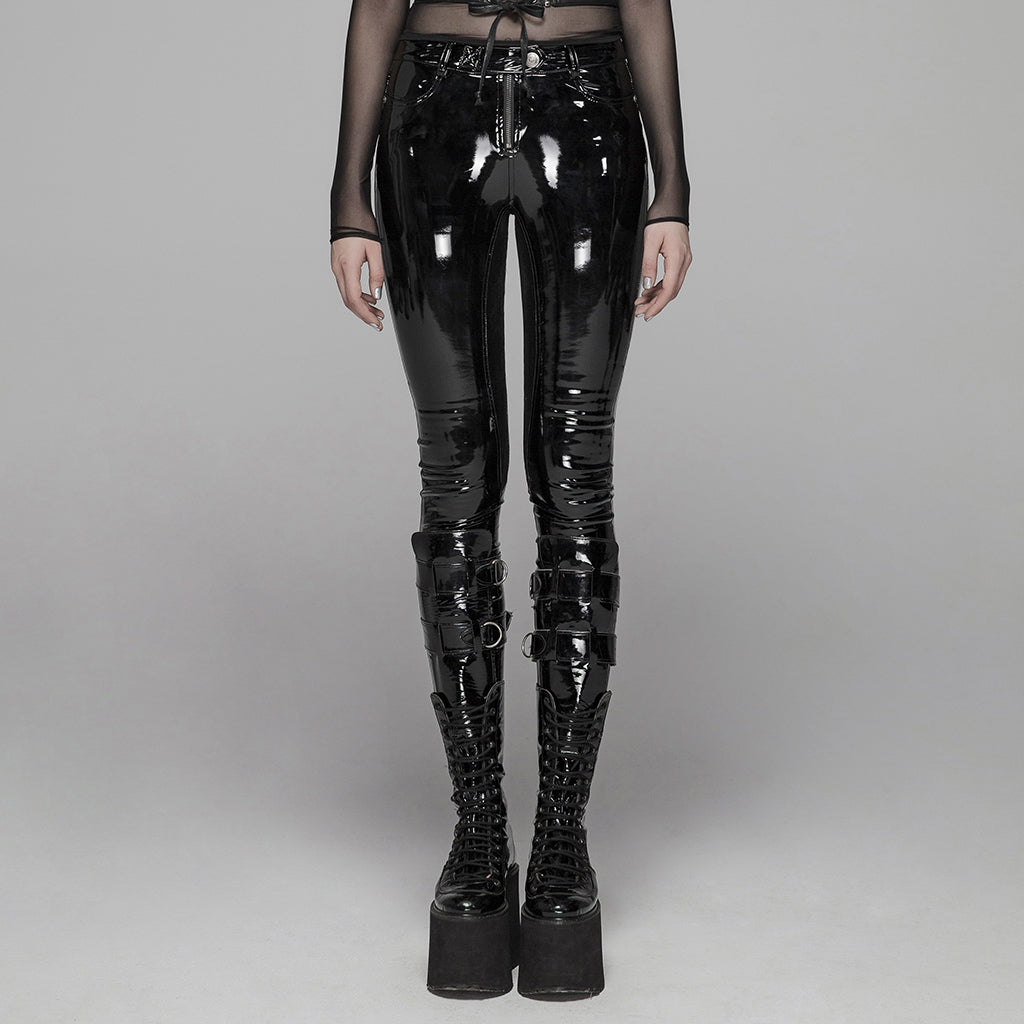 WK-378XCF Glossy Black Vinyl Gothic Pants with Straps and Buckles