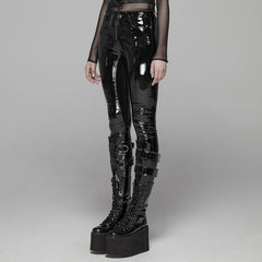 WK-378XCF Glossy Black Vinyl Gothic Pants with Straps and Buckles