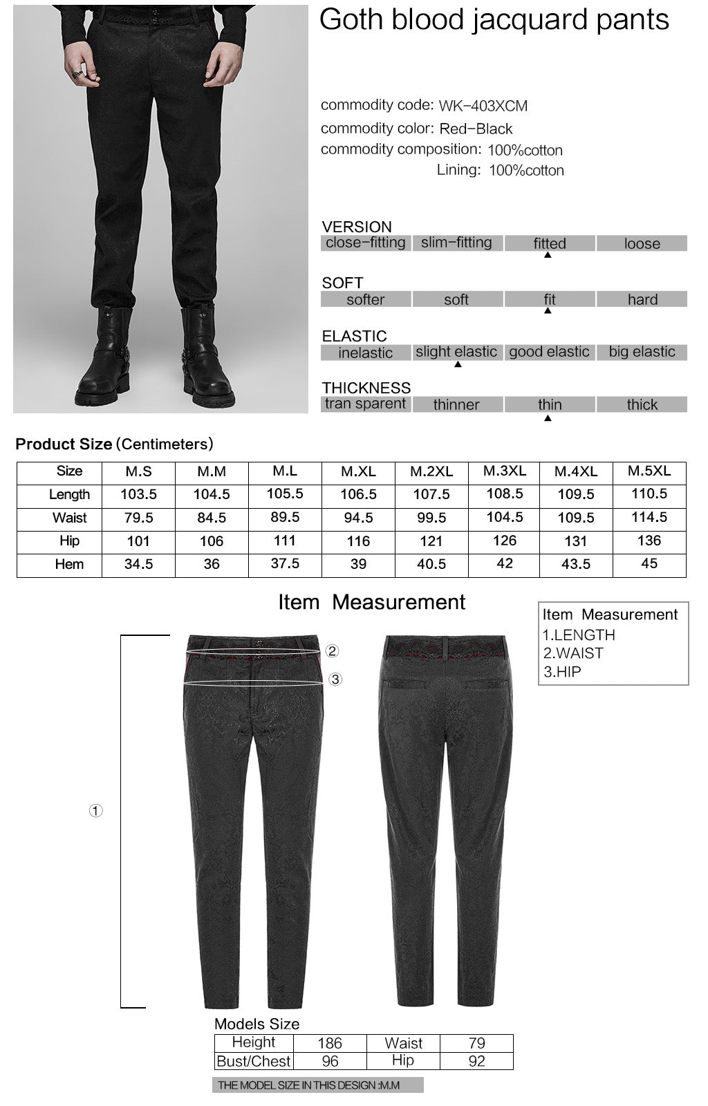 WK-403XCM Gothic Pants Elegant Textured Slim Fit Trousers Black