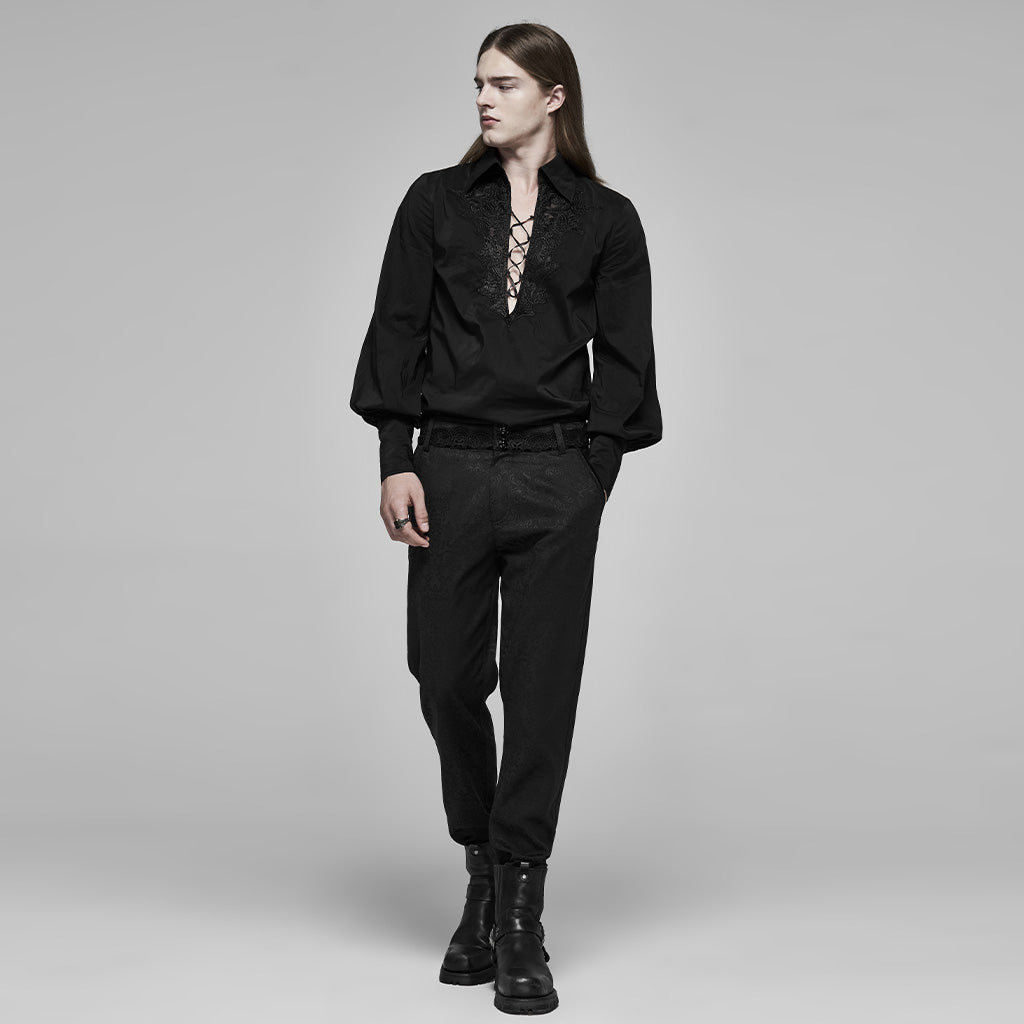 WK-403XCM Gothic Pants Elegant Textured Slim Fit Trousers Black