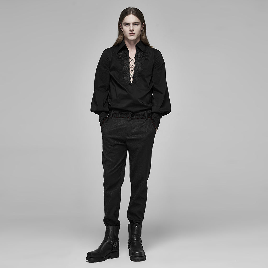 WK-403XCM Gothic Pants Elegant Textured Slim Fit Trousers Black