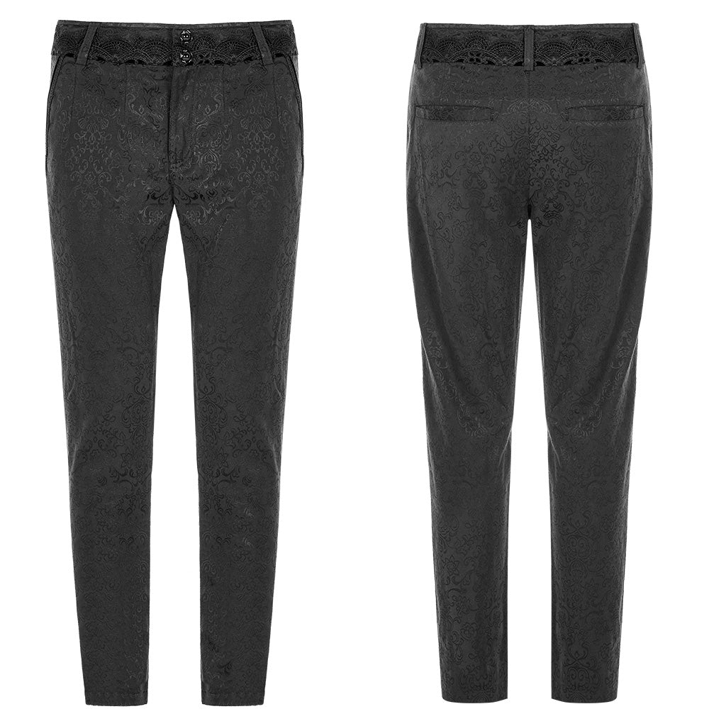 WK-403XCM Gothic Pants Elegant Textured Slim Fit Trousers Black