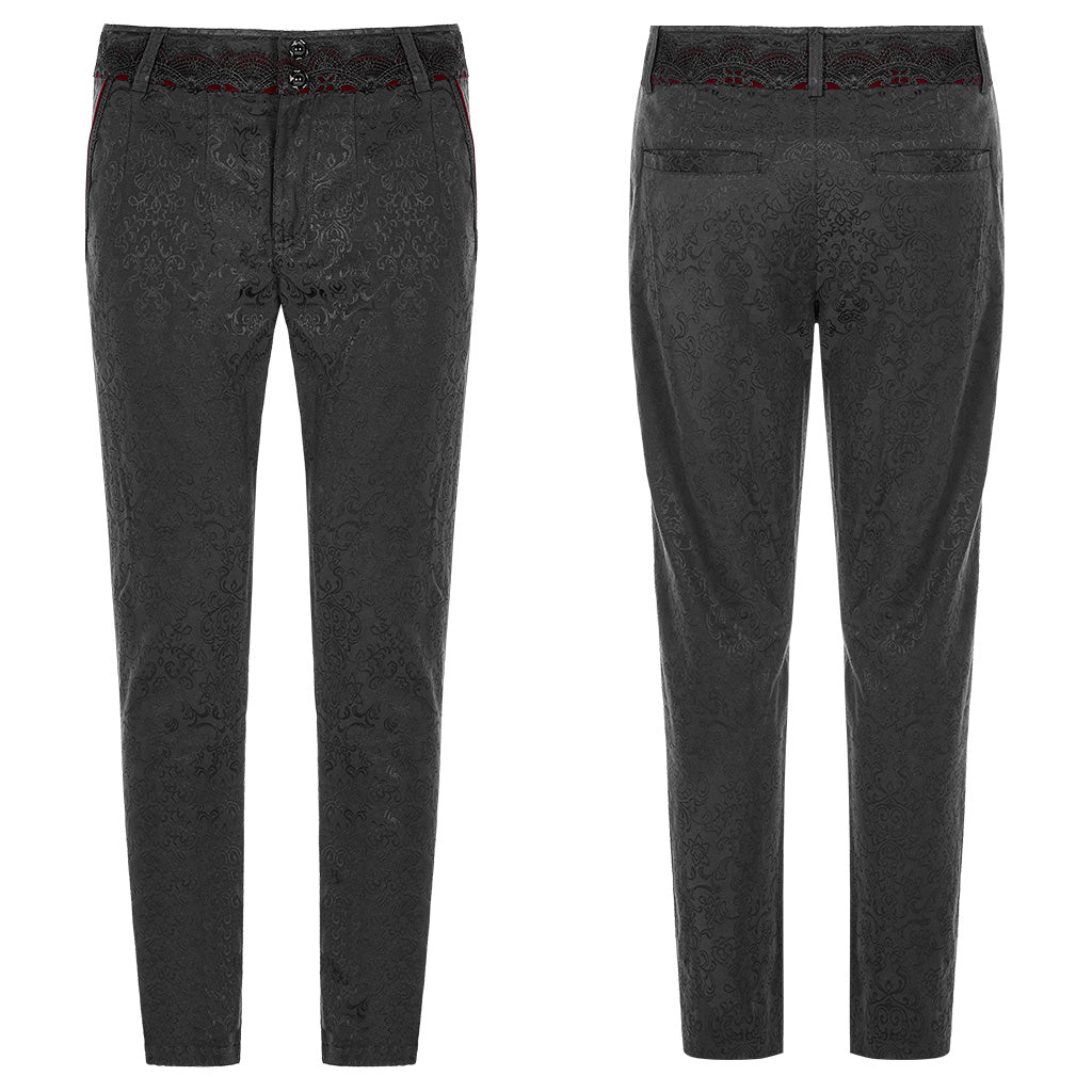 WK-403XCM Gothic Pants Elegant Textured Slim Fit Trousers Black