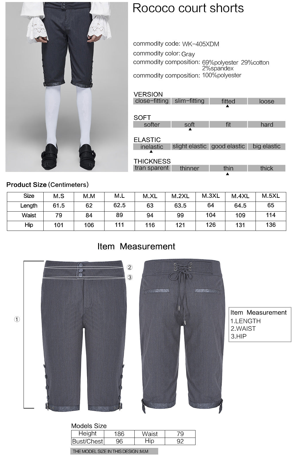 WK-405XDM Vintage Lace-Up Grey Punk Pants Knee-Length Buttons