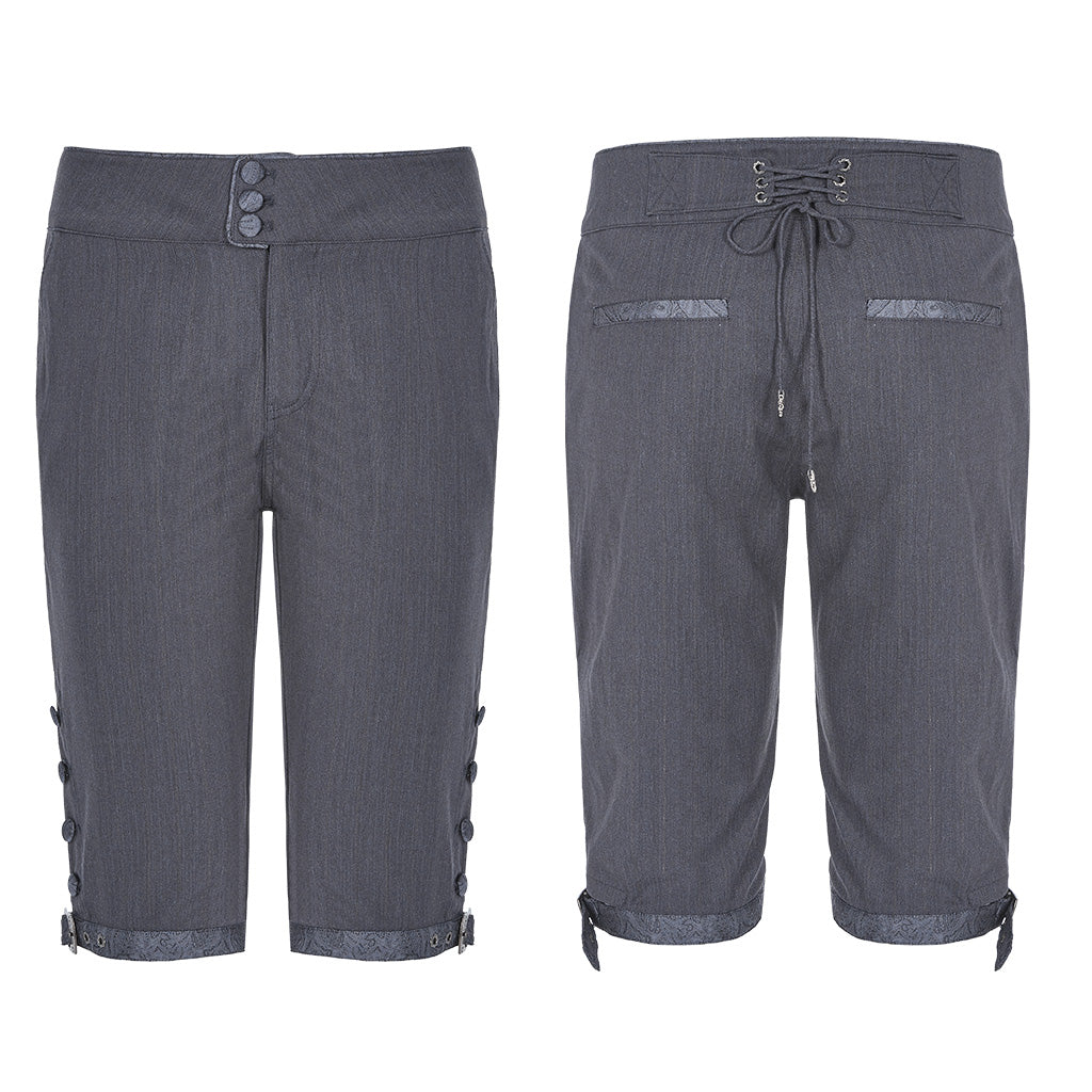 WK-405XDM Vintage Lace-Up Grey Punk Pants Knee-Length Buttons?-??Punk Rave Clothing