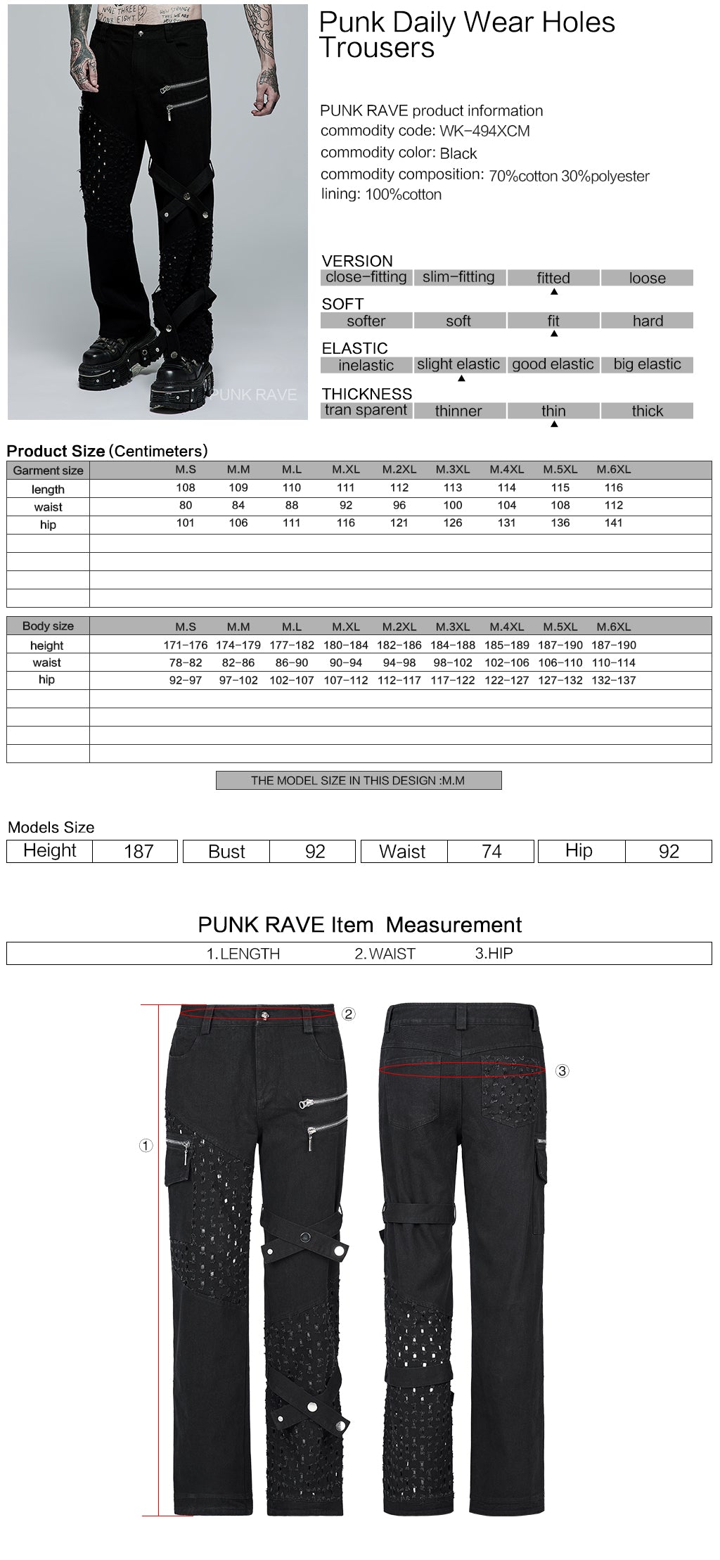 WK-494XCM Edgy Black Hole-Punctured Punk Pants with Zipper Accents?-??Punk Rave Clothing