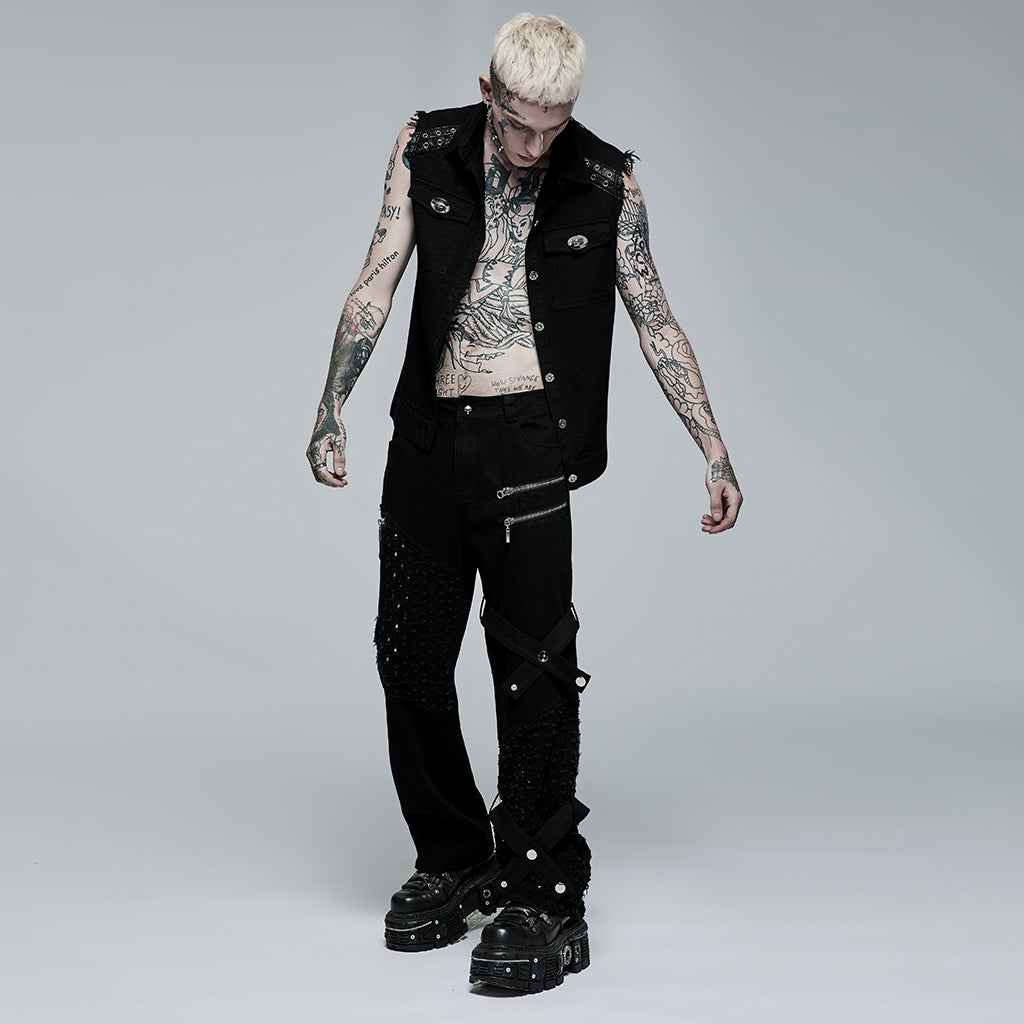 WK-494XCM Edgy Black Hole-Punctured Punk Pants with Zipper Accents?-??Punk Rave Clothing