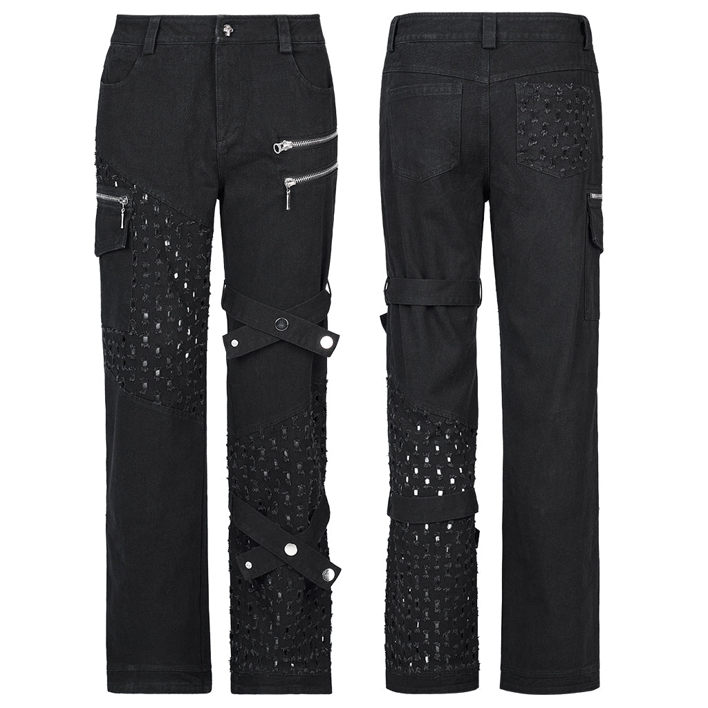 WK-494XCM Edgy Black Hole-Punctured Punk Pants with Zipper Accents?-??Punk Rave Clothing