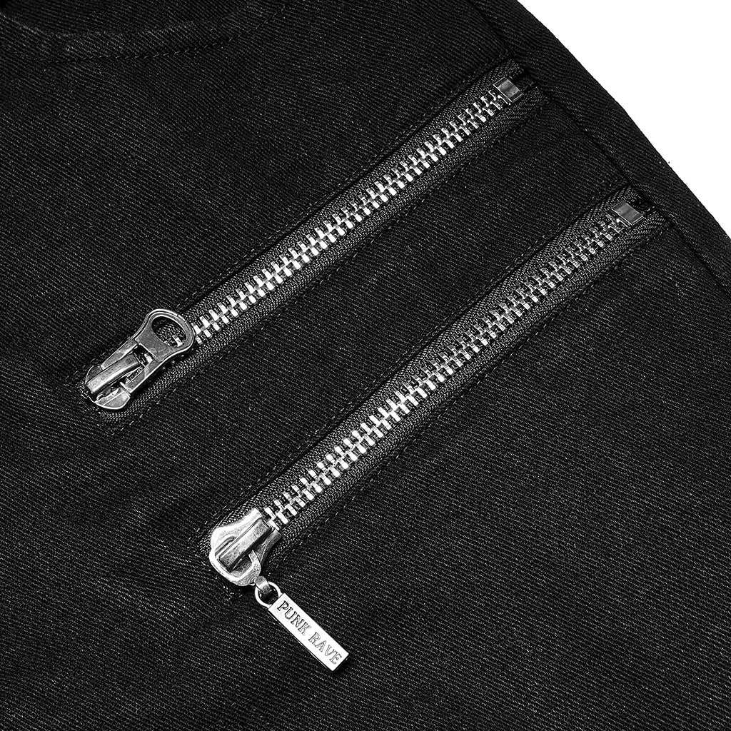 WK-494XCM Edgy Black Hole-Punctured Punk Pants with Zipper Accents?-??Punk Rave Clothing