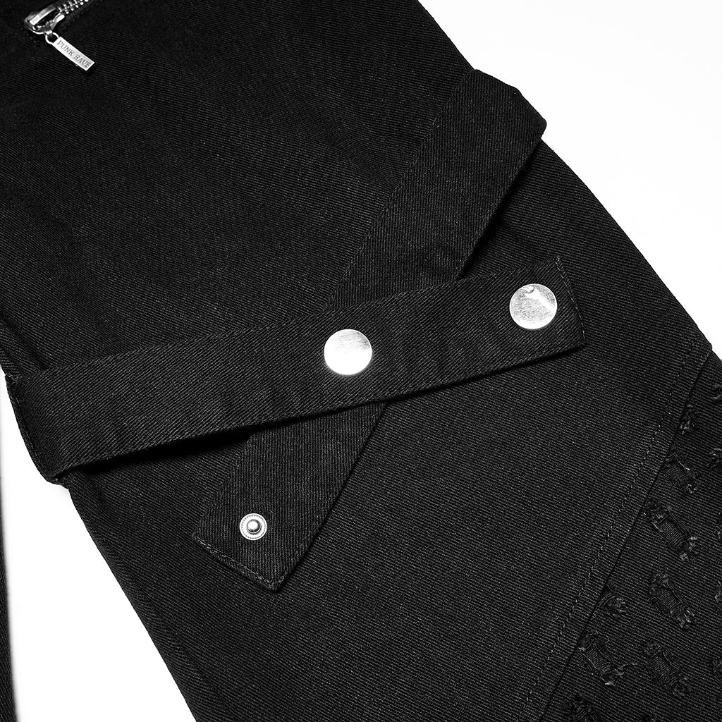 WK-494XCM Edgy Black Hole-Punctured Punk Pants with Zipper Accents?-??Punk Rave Clothing