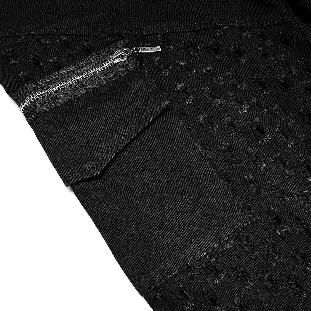 WK-494XCM Edgy Black Hole-Punctured Punk Pants with Zipper Accents?-??Punk Rave Clothing