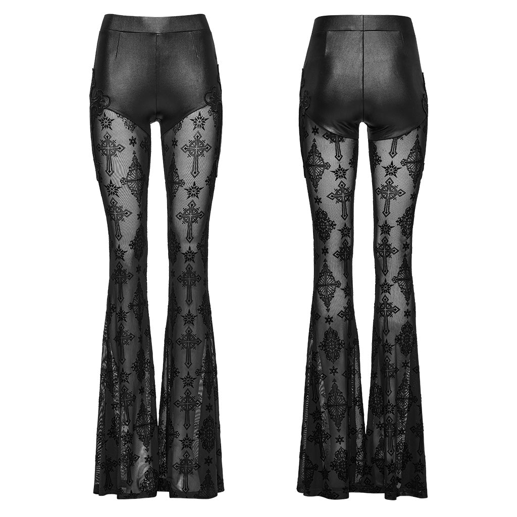 OK-696XCF Gothic Lace Flare Punk Pants with Intricate Cross Pattern