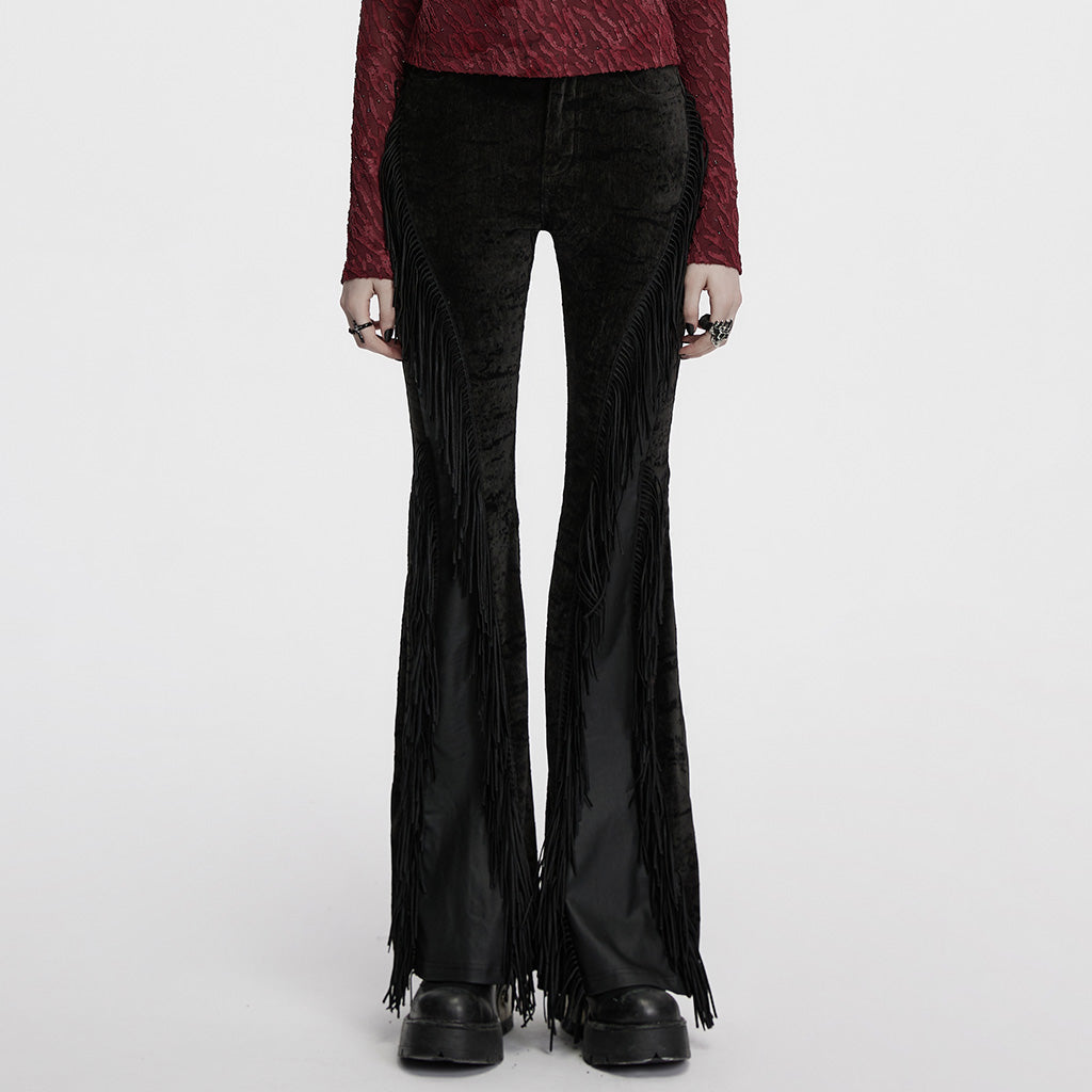 OK-698XCF Fringed Velvet Flare Punk Pants Gothic Fashion Statement
