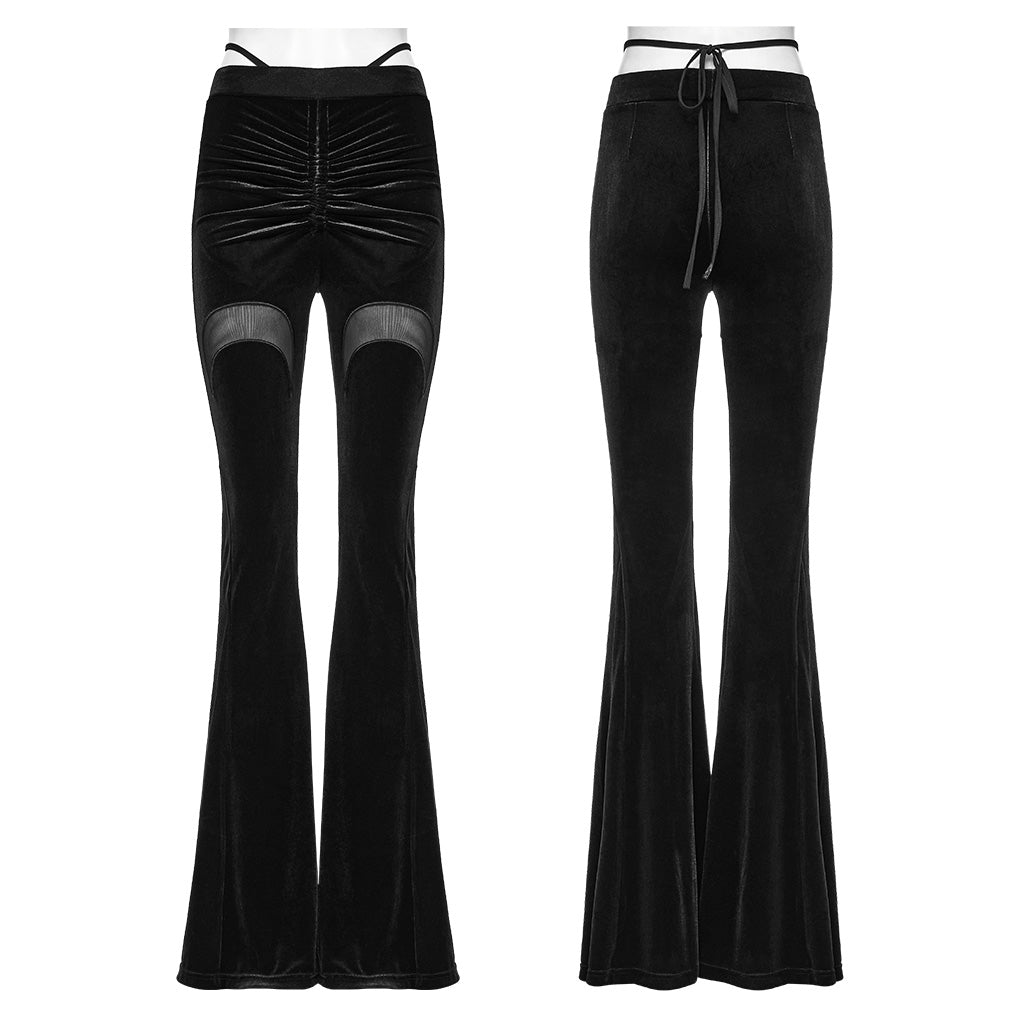 OK-700DQF Velvet Flare Punk Pants with Mesh Knee Cutouts
