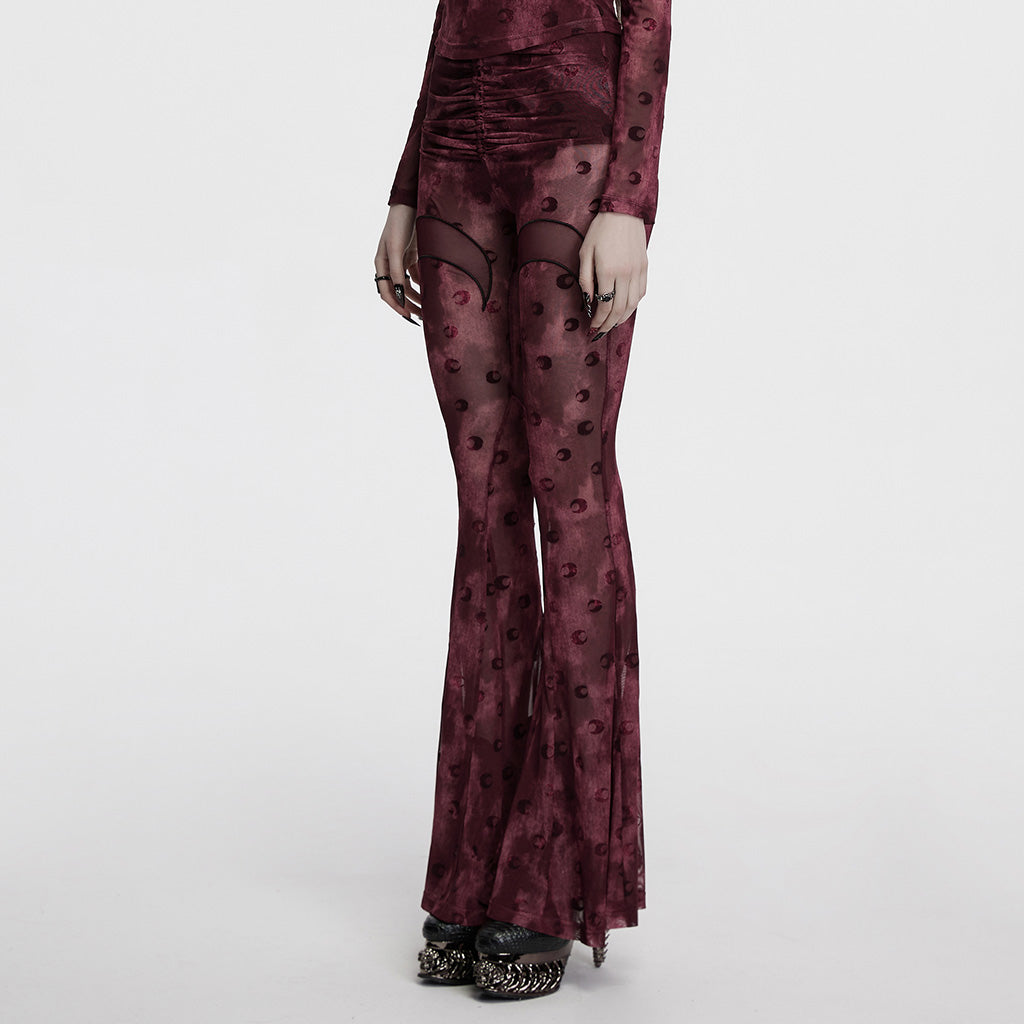OK-700DQF Velvet Flare Punk Pants with Mesh Knee Cutouts