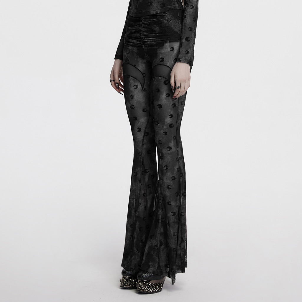 OK-700DQF Velvet Flare Punk Pants with Mesh Knee Cutouts