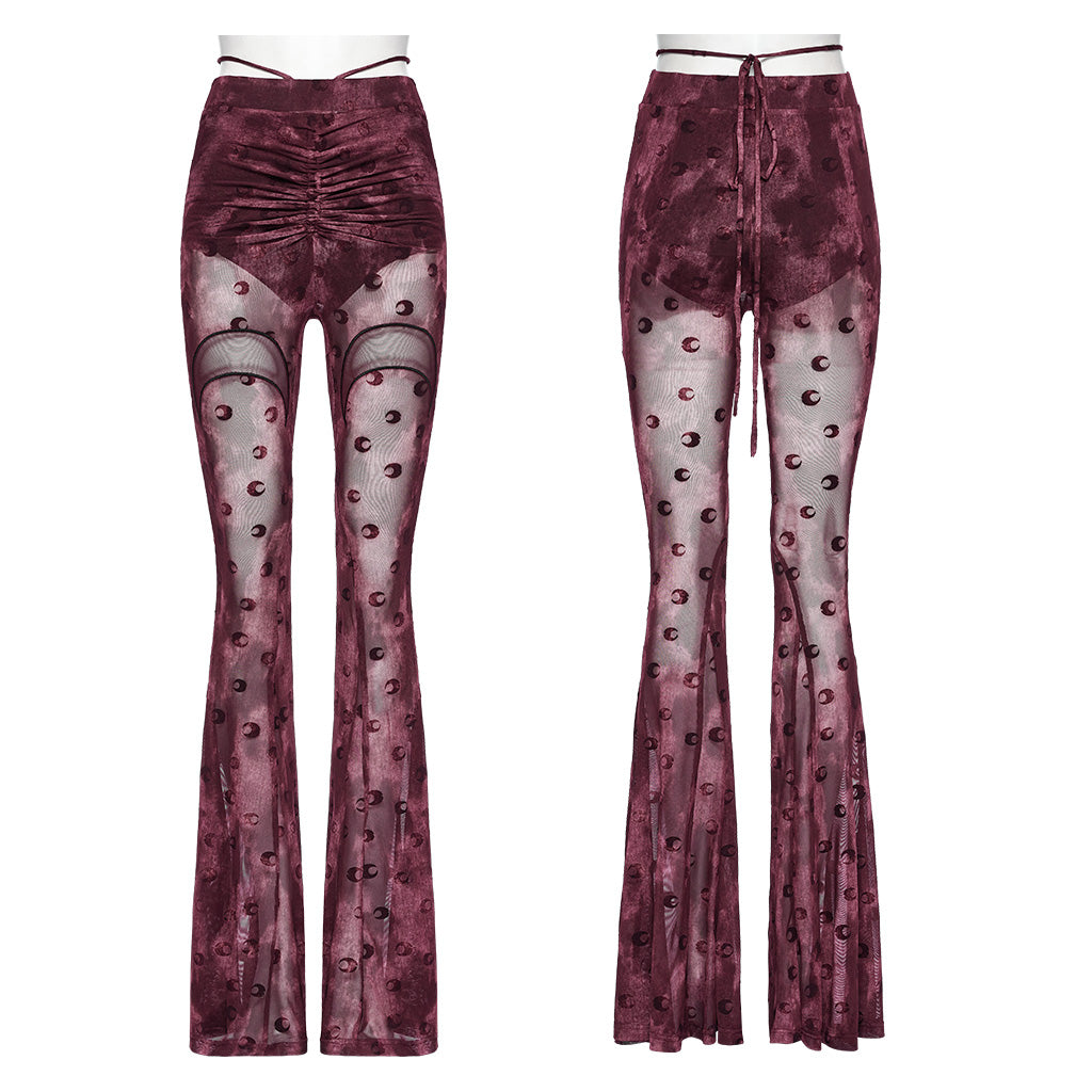 OK-700DQF Velvet Flare Punk Pants with Mesh Knee Cutouts