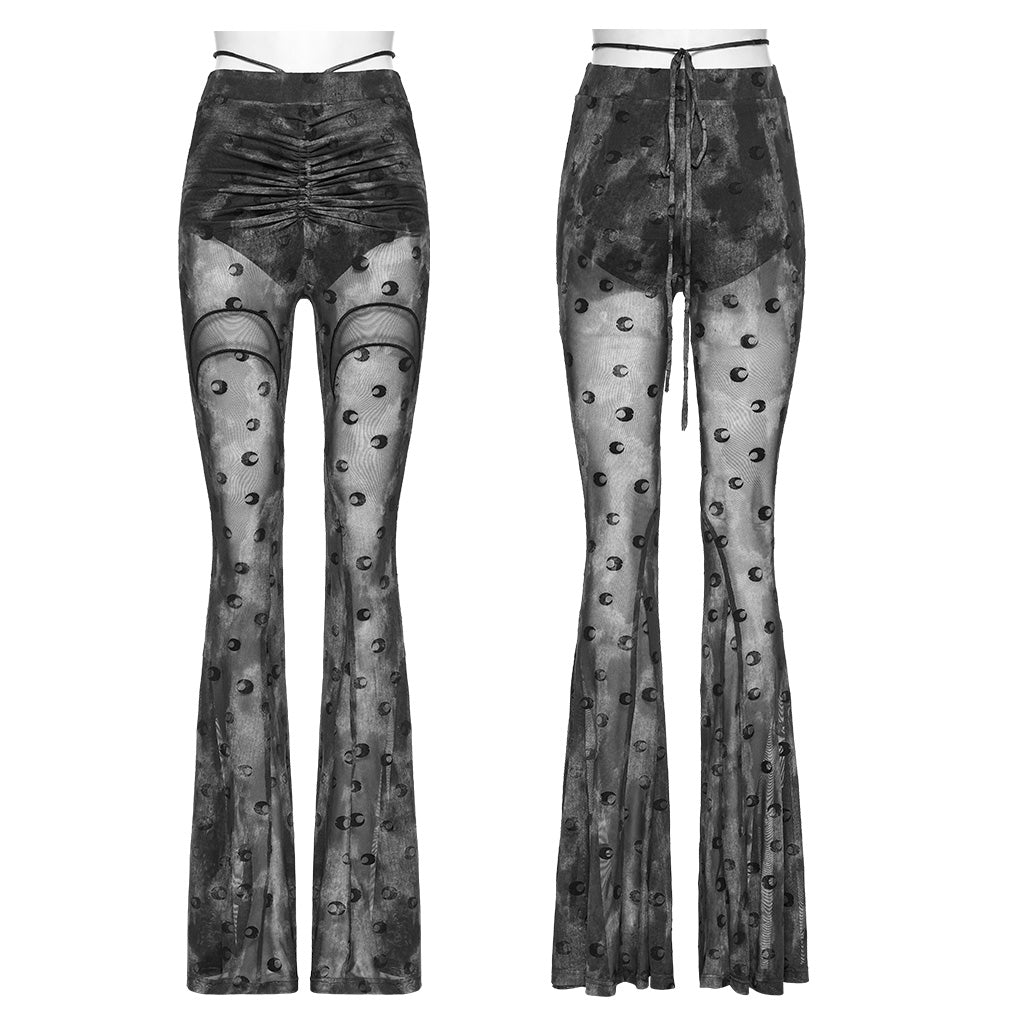 OK-700DQF Velvet Flare Punk Pants with Mesh Knee Cutouts
