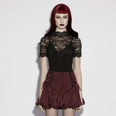 OK-786XDF Gothic Skirt Corset Waist Lace-Up Pleated Hem Dark Red