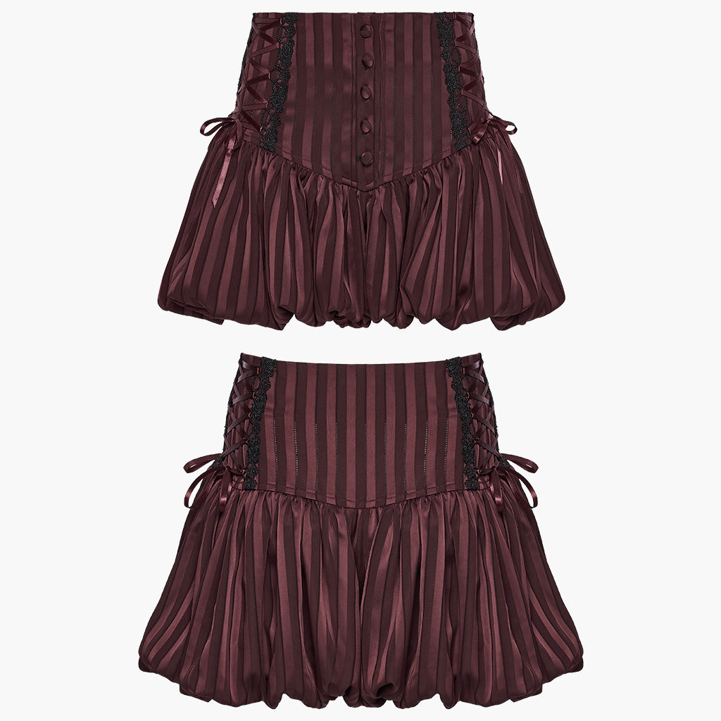 OK-786XDF Gothic Skirt Corset Waist Lace-Up Pleated Hem Dark Red