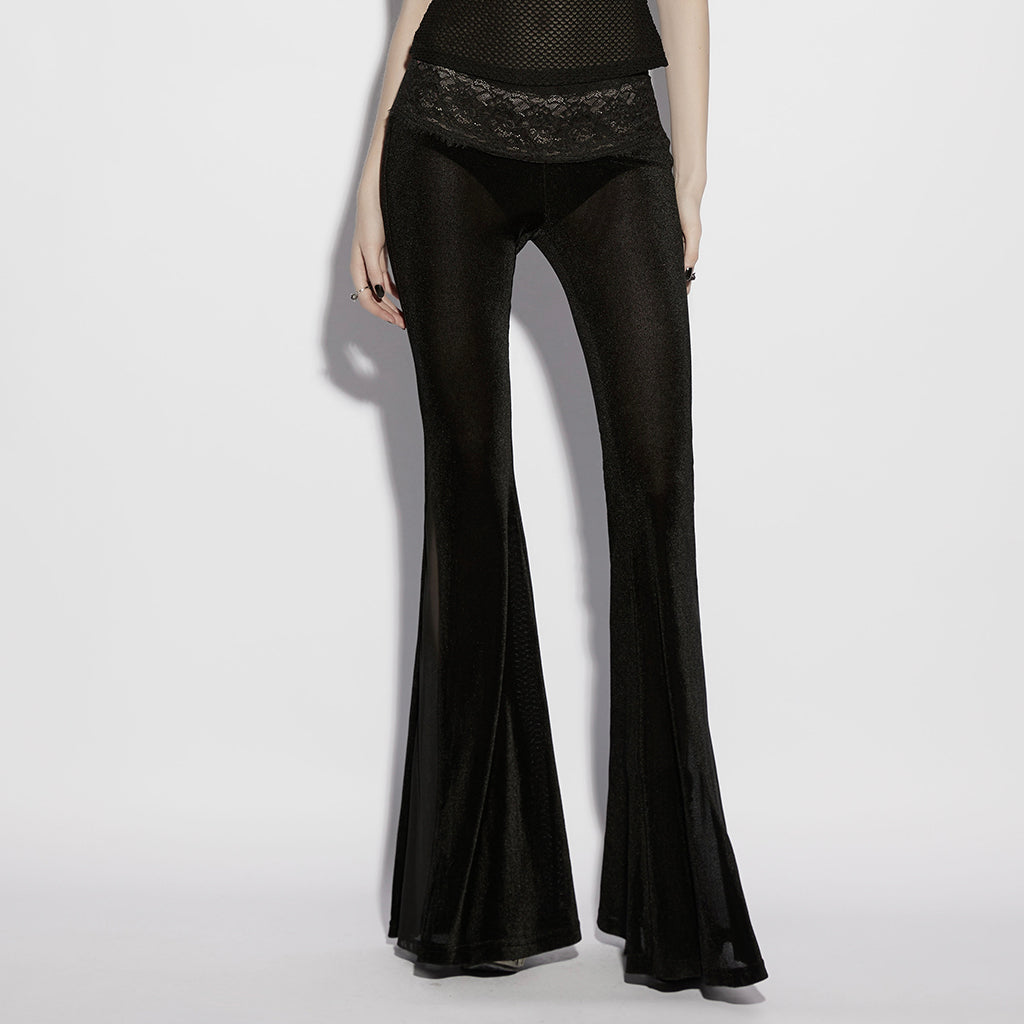 OK-788XCF Velvet Lace Flare Gothic Pants High Waist Black Trousers