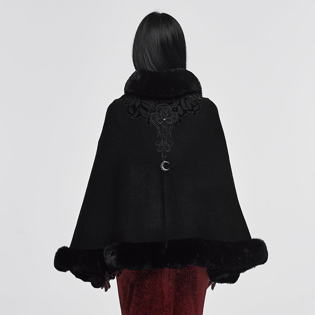 OM-091HMF Luxurious Faux Fur Trimmed Gothic Coat with Embroidered Detail Gothic Coat Vintage Fur Trimmed Embroidered Cape Cloak