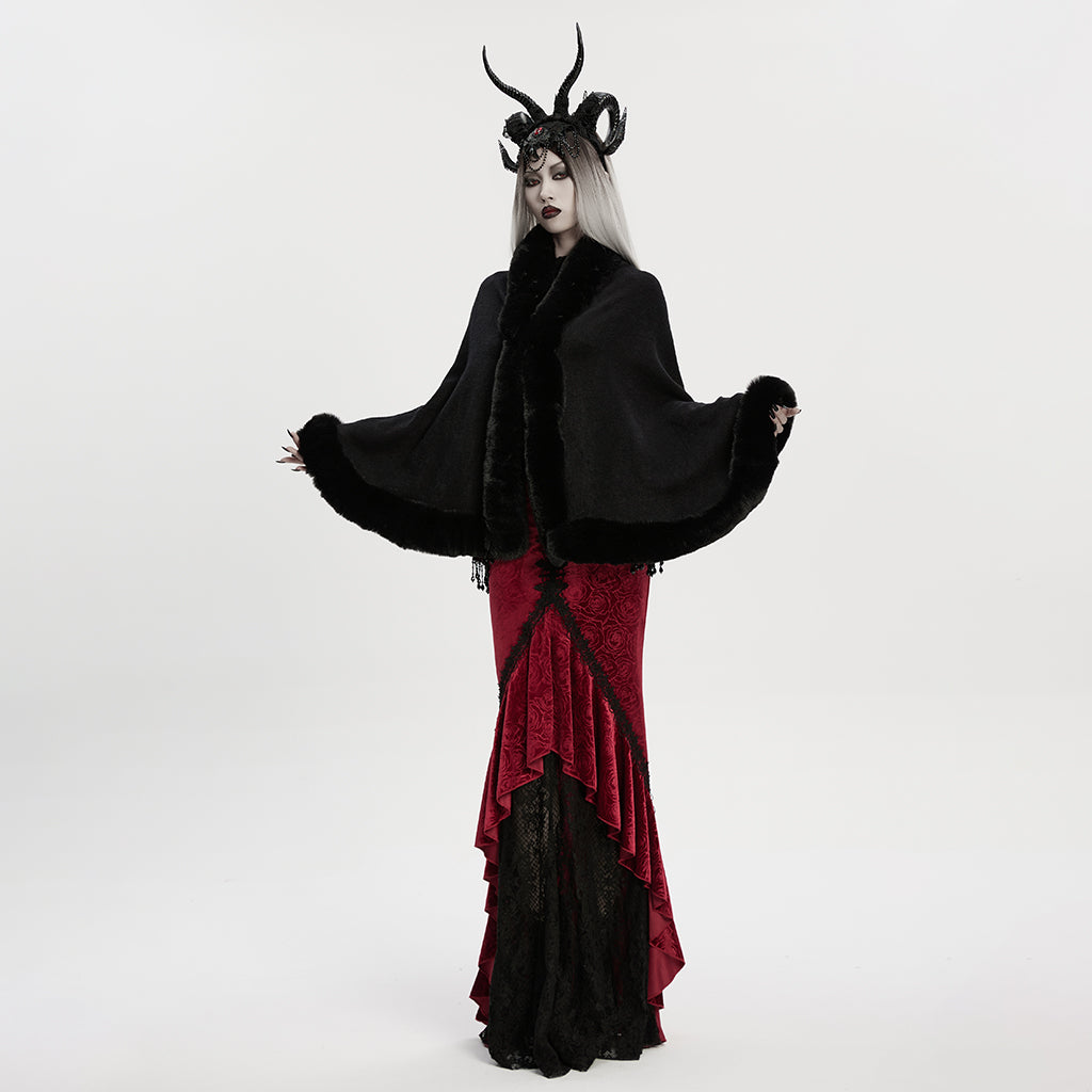 OM-091HMF Luxurious Faux Fur Trimmed Gothic Coat with Embroidered Detail Gothic Coat Vintage Fur Trimmed Embroidered Cape Cloak