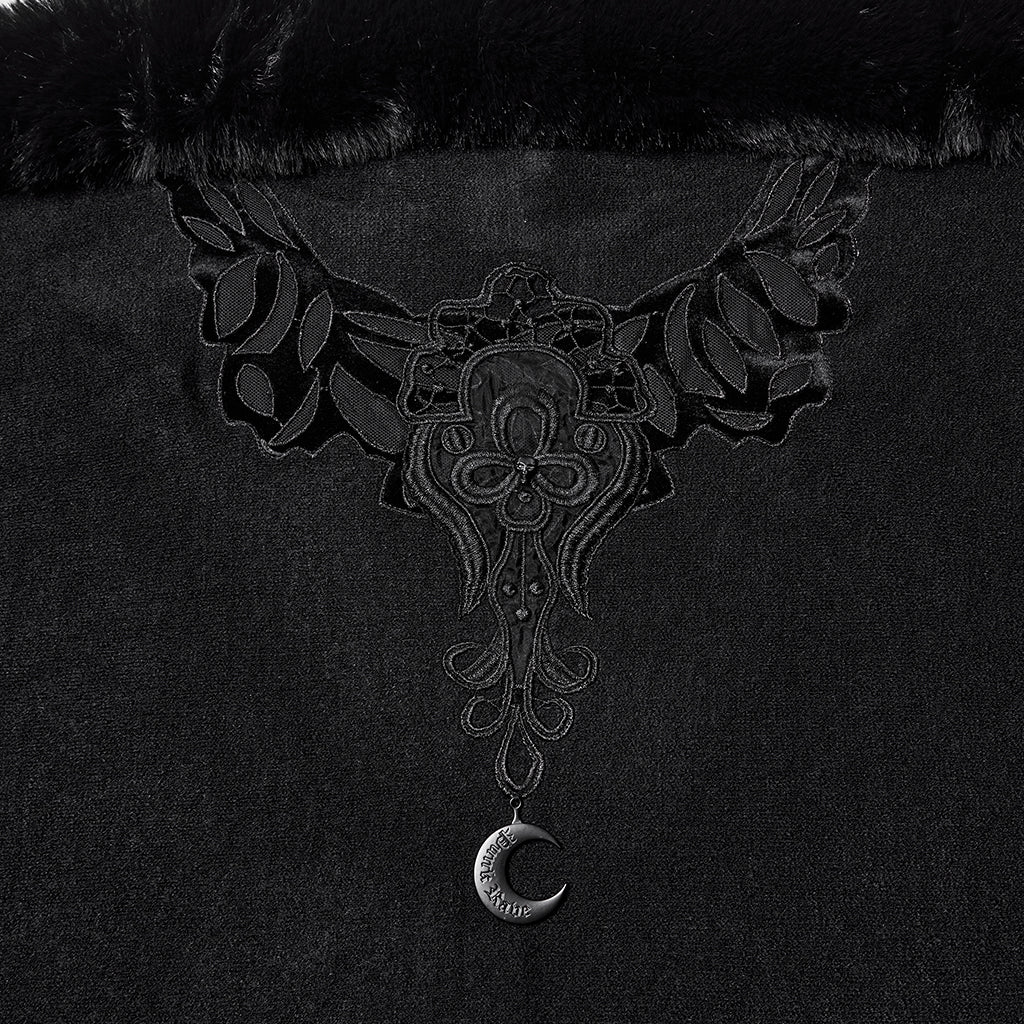 OM-091HMF Luxurious Faux Fur Trimmed Gothic Coat with Embroidered Detail Gothic Coat Vintage Fur Trimmed Embroidered Cape Cloak