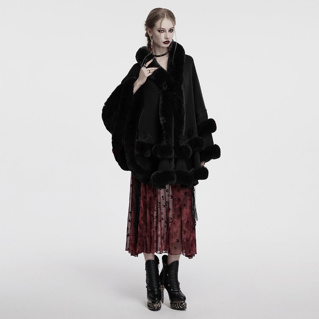 OM-092HMF Luxurious Faux Fur Trimmed Gothic Cape Coat Gothic Coat Hooded Cloak Faux Fur Trimmed Cape
