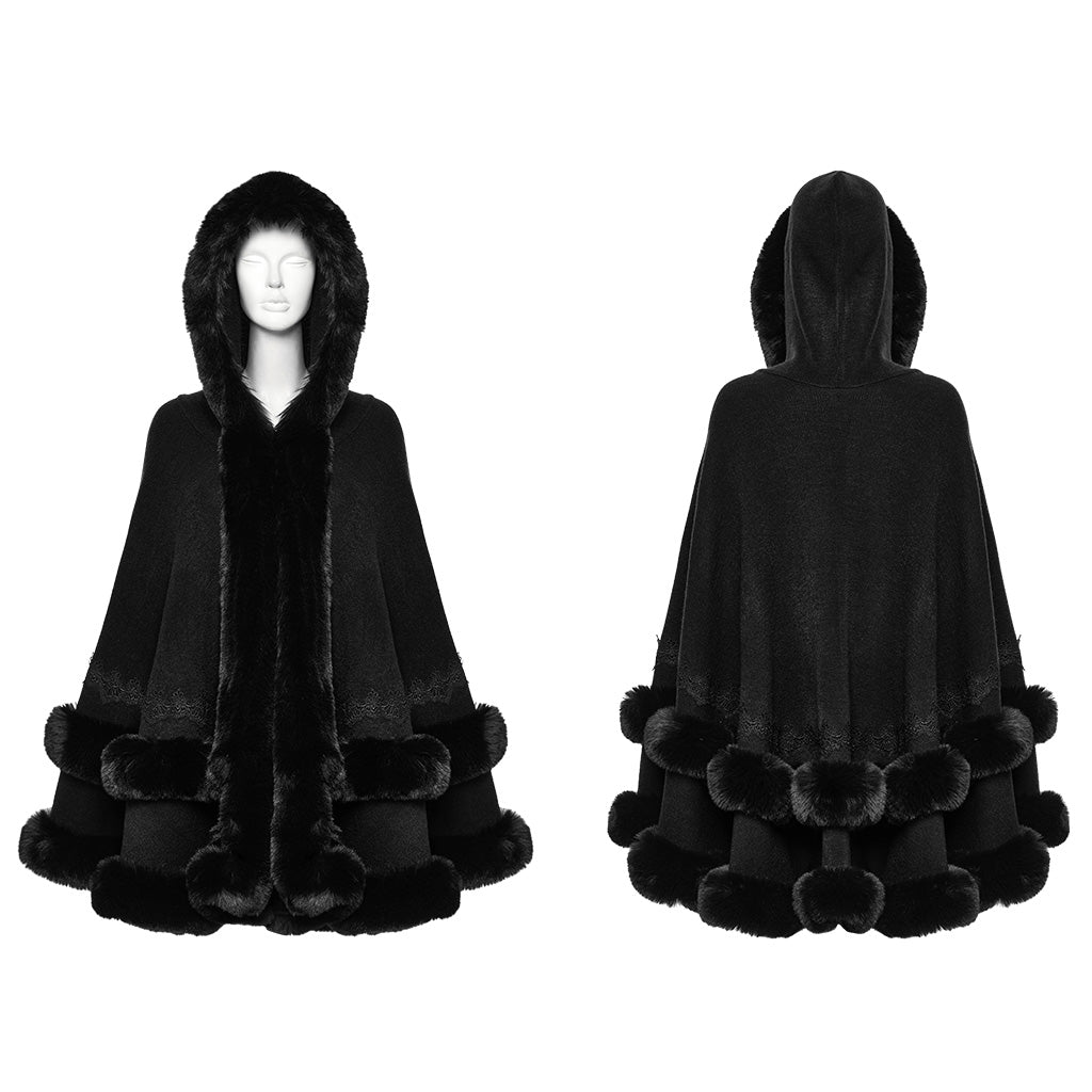OM-092HMF Luxurious Faux Fur Trimmed Gothic Cape Coat Gothic Coat Hooded Cloak Faux Fur Trimmed Cape