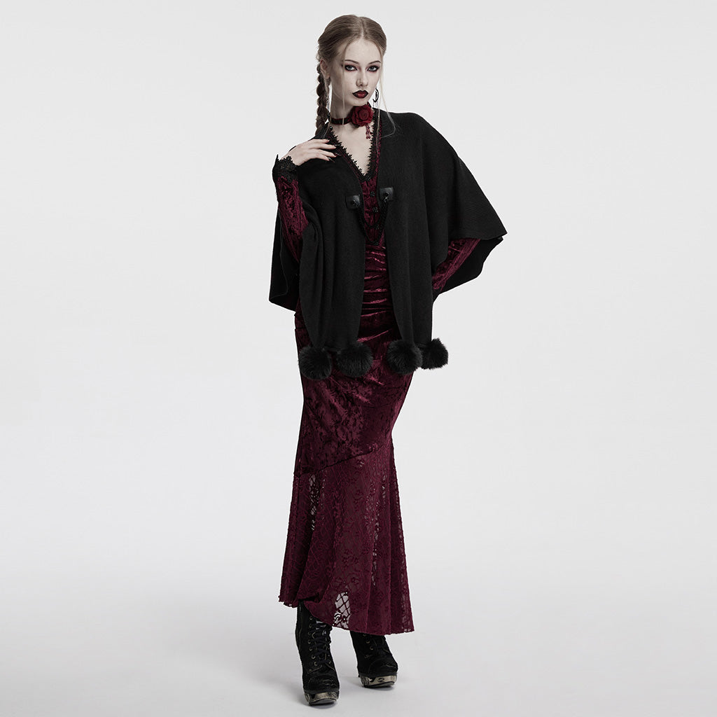 OM-094KMF Luxurious Gothic Coat Burgundy Cape with Black Lace Trim