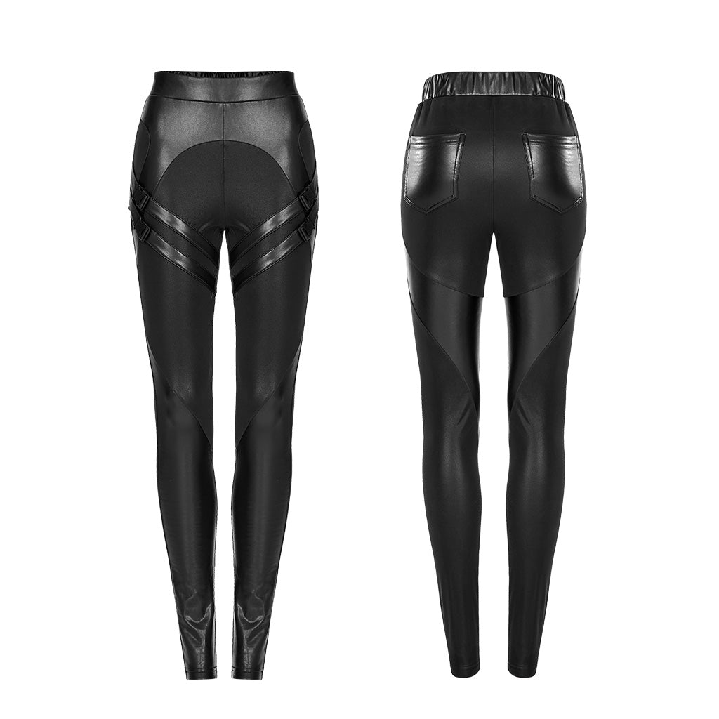 OPK-502PCF Black High-Waist Buckle Strap Punk Pants Leggings