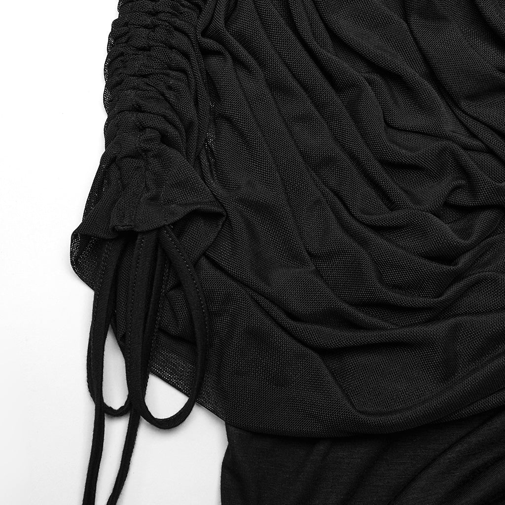 OPQ-1402BQF Versatile Ruched Black Punk Skirt with Adjustable Drawstrings