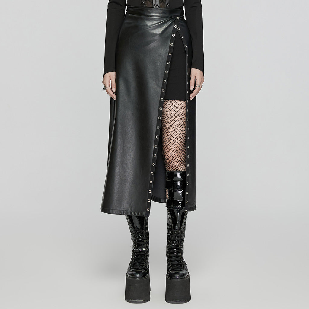 OPQ-1573BQF High Waisted Faux Leather Punk Skirt with Side Slit