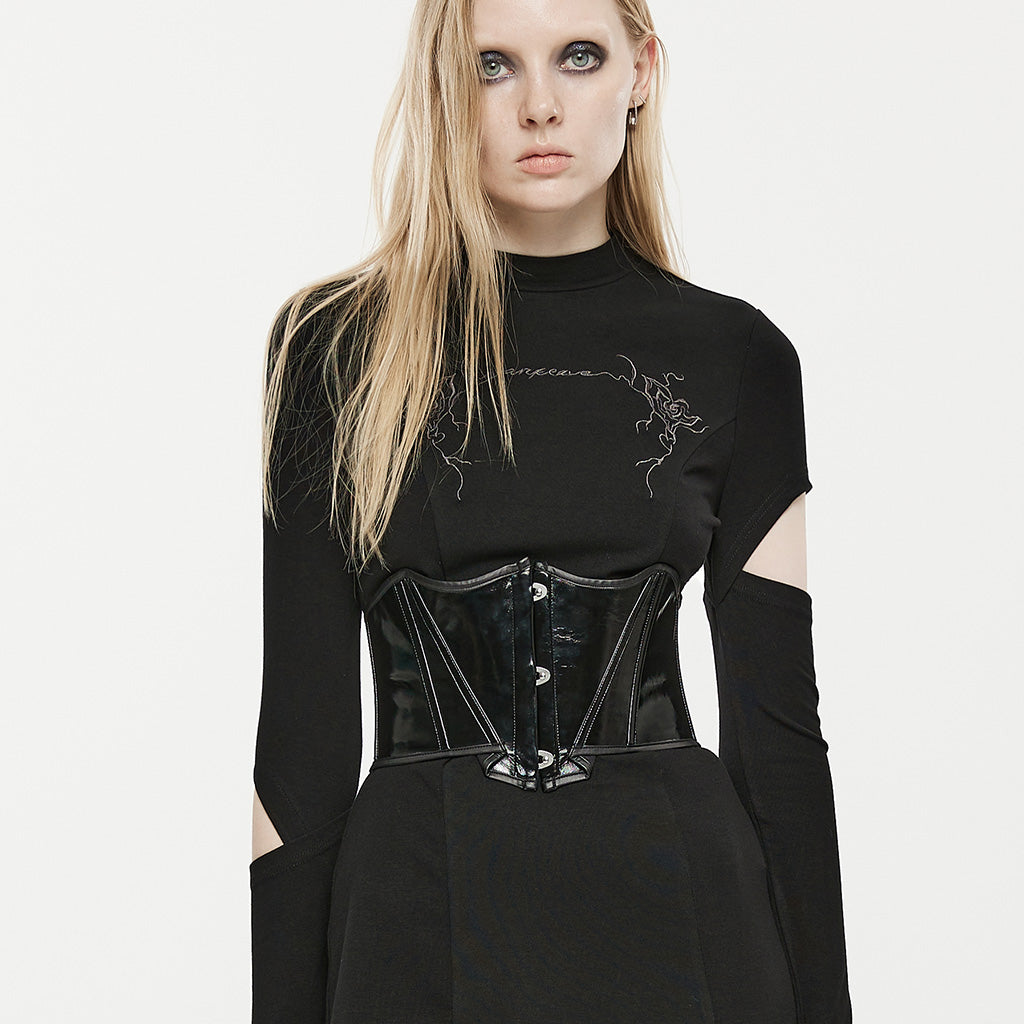 OPS-170DQF Black Leather Lace-Up Punk Corset Waist Cincher Bustier Top Sleek Black Punk Corset Shiny PVC Lace Up Design