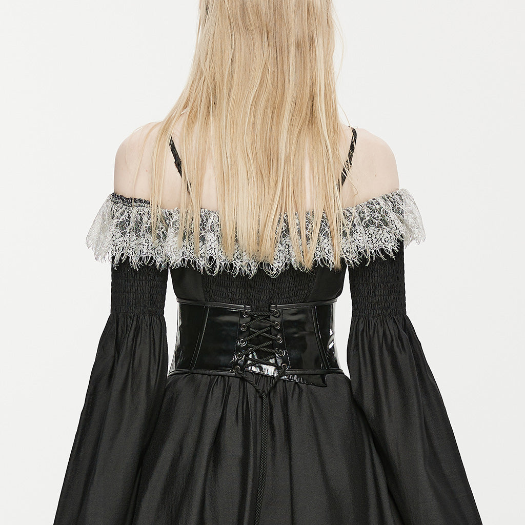 OPS-170DQF Black Leather Lace-Up Punk Corset Waist Cincher Bustier Top Sleek Black Punk Corset Shiny PVC Lace Up Design