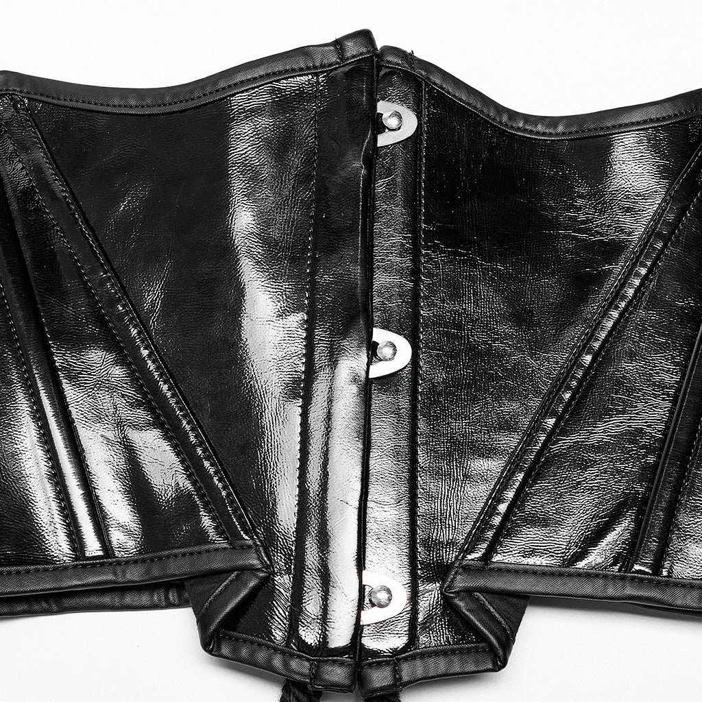 OPS-170DQF Black Leather Lace-Up Punk Corset Waist Cincher Bustier Top Sleek Black Punk Corset Shiny PVC Lace Up Design