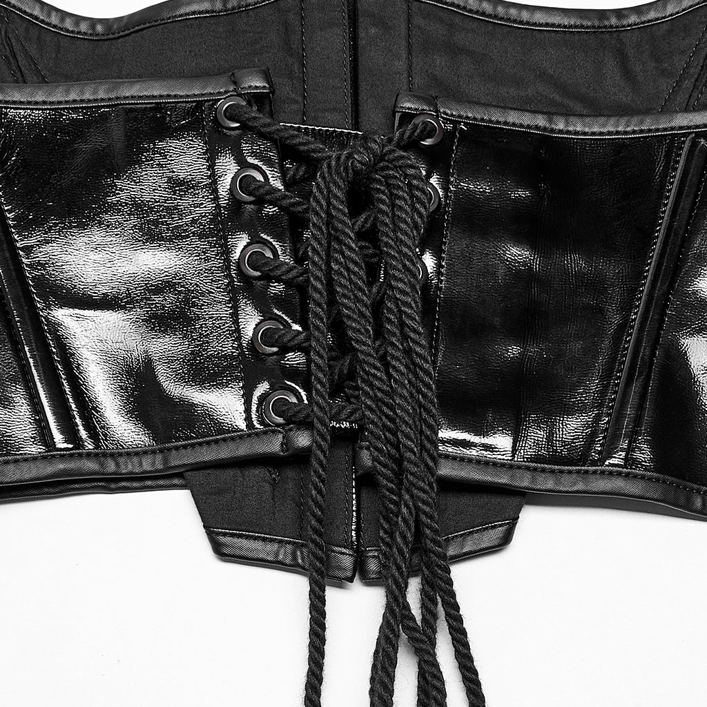 OPS-170DQF Black Leather Lace-Up Punk Corset Waist Cincher Bustier Top Sleek Black Punk Corset Shiny PVC Lace Up Design