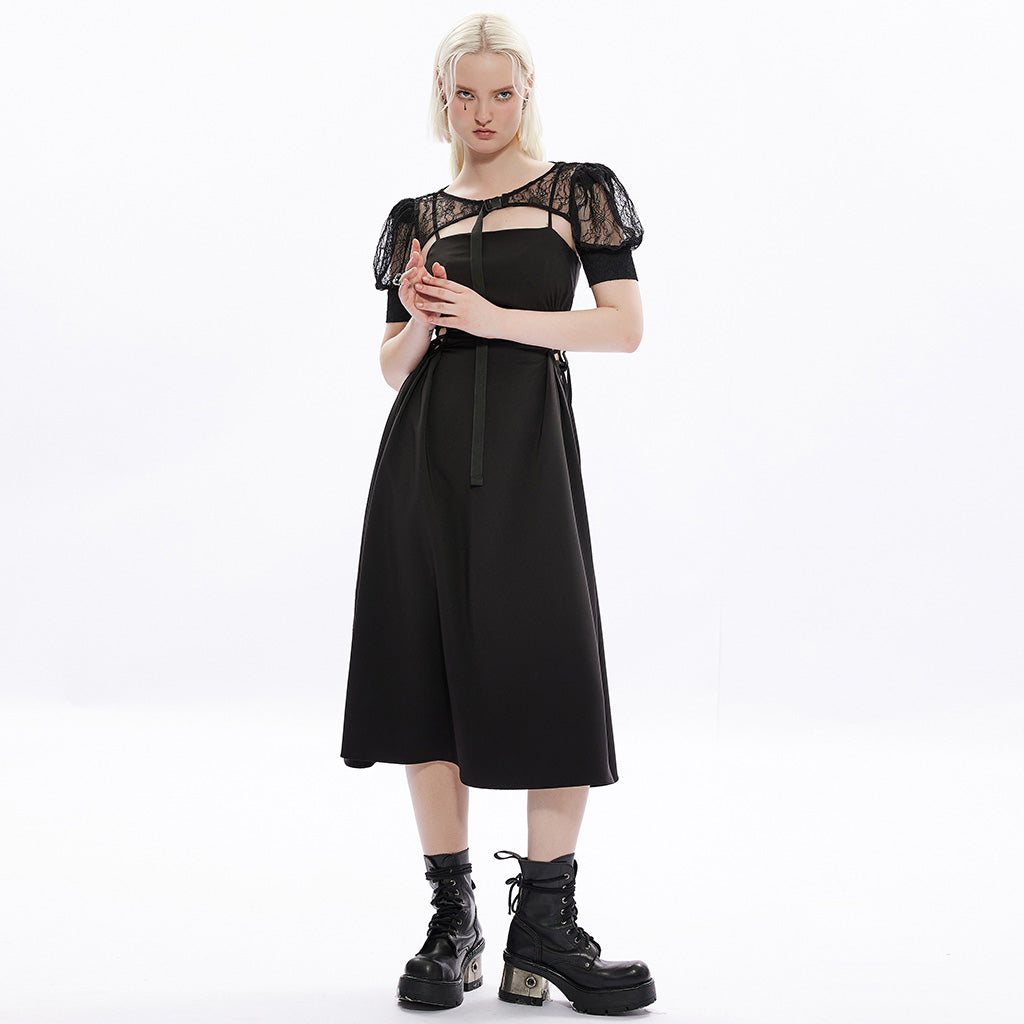OPS-265QTF Gothic Lace Dress Cuffed Balloon Sleeves Crisscross Back Tie
