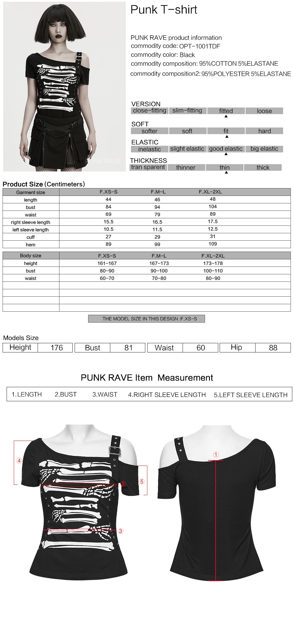 OPT-1001TDF Skeleton Print Cold Shoulder Punk T-Shirts with Buckle Strap
